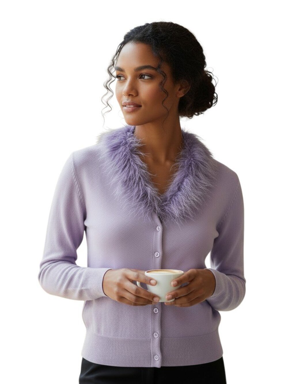 Vintage Mendocino Womens L Purple Lambswool Feather Trim Cardigan Coquette Glam